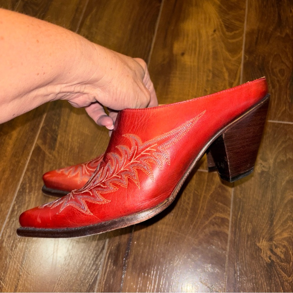 Lucchese Red Embroidered Leather Mules - Picture 10 of 11